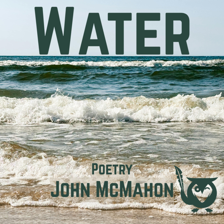 A view of the ocean waves rolling in with the a blue skyline in the background. fractured arteries Text: Water, John McMahon, Poetry