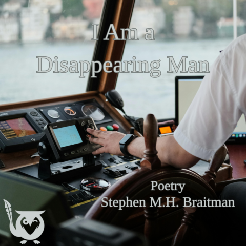 A captain driving a boat in the water with a close up of the boat's navigation tools. meaningless Text: I am a disappearing man, Stephen M.H. Braitman, poetry