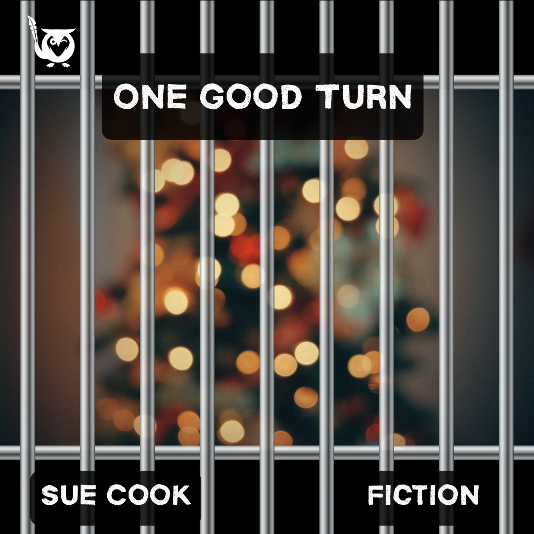 A blurred christmas tree with lights sitting behind a cage. killing spree Text: One good turn, Sue cook, fiction