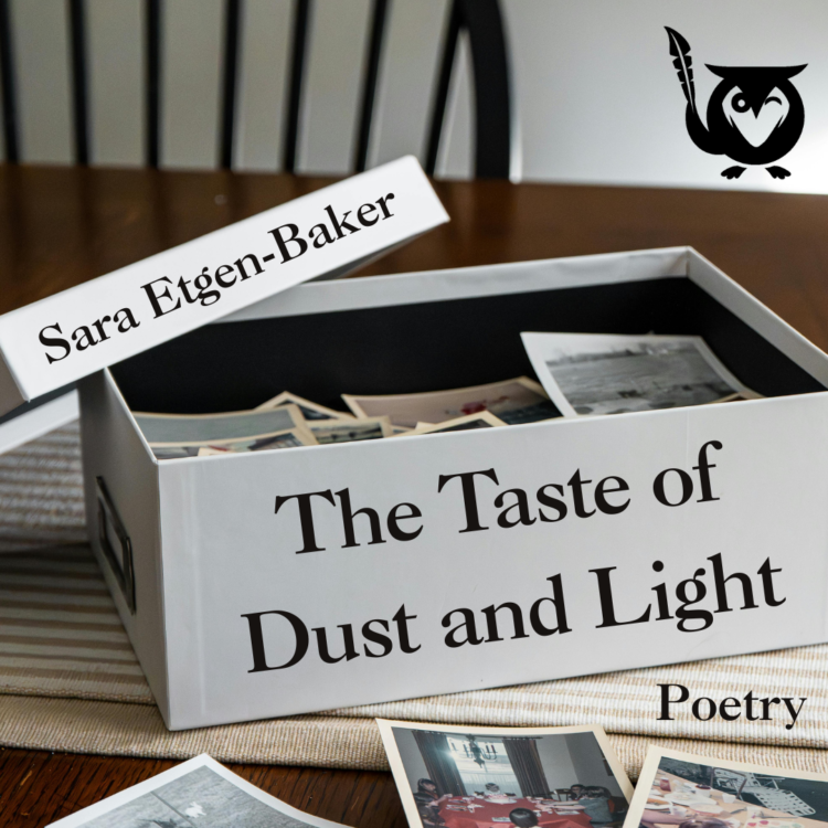 A box of memories and photographs on a table. TEXT: The Taste of Dust and Light - Poetry - Sara Etgen-Baker - where we bury our ghosts