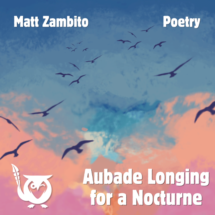 A blue and pink clouded sky with bird silhouettes flying. bespeckled Text: Aubade Longing for a Nocturne, Matt Zambito, Poetry
