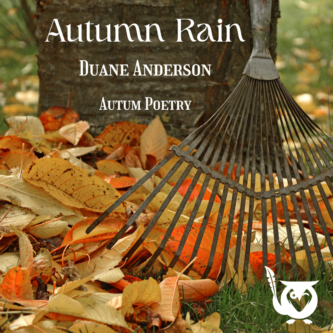 Autumn leaves next to the trunk of a tree, with a rake sitting by. leaves Text: Autumn Rain, Duane Anderson, Autumn Poetry