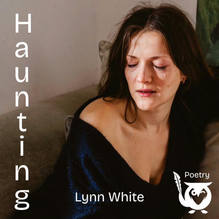 A close up of a girl sitting on a sofa, with a tear dripping down her face. shadows Text: Haunting, Lynn White, Poetry